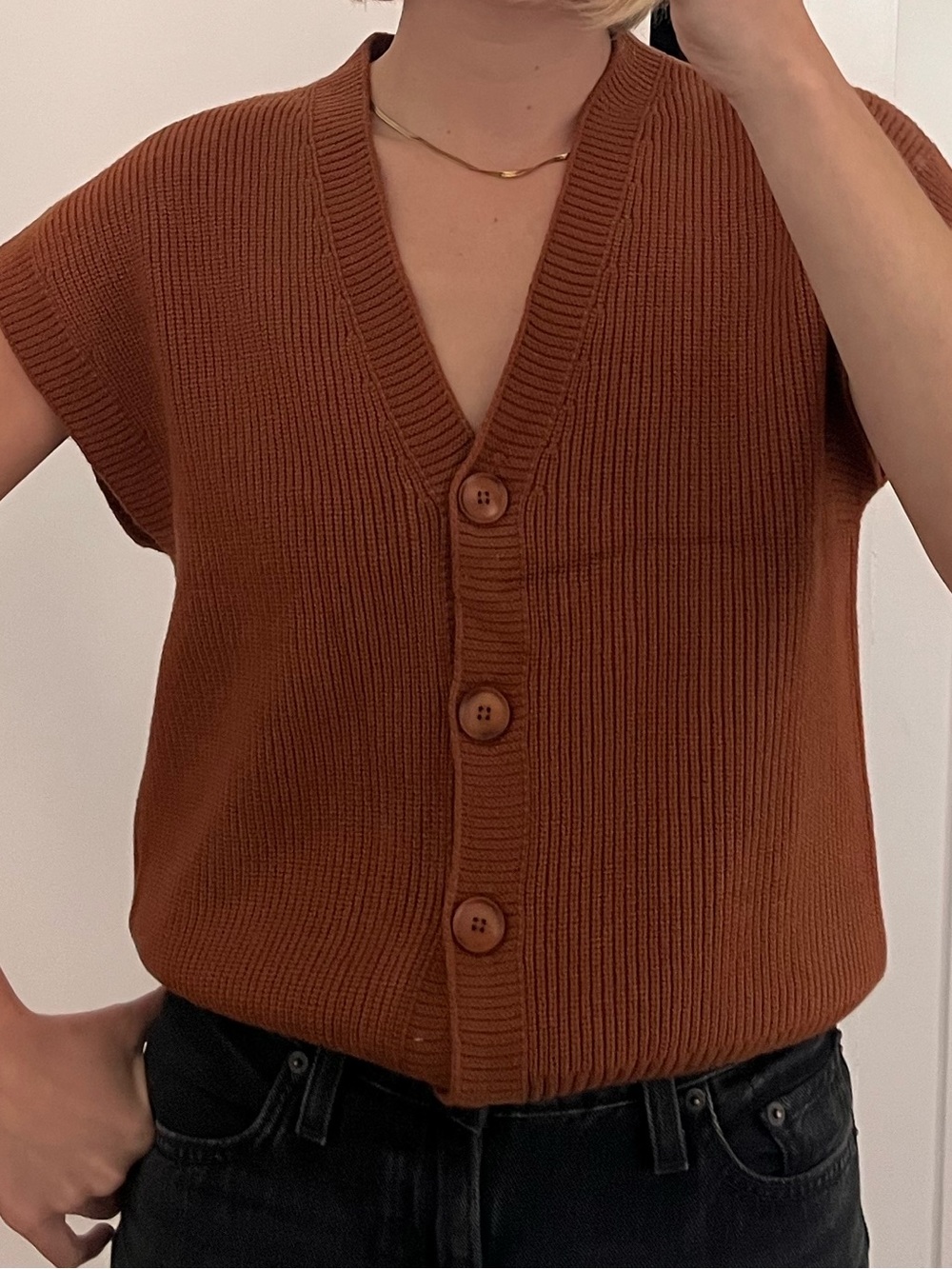 Simons Rust-Brown Ribbed Button-Up Sweater Vest - Picture 2 of 6